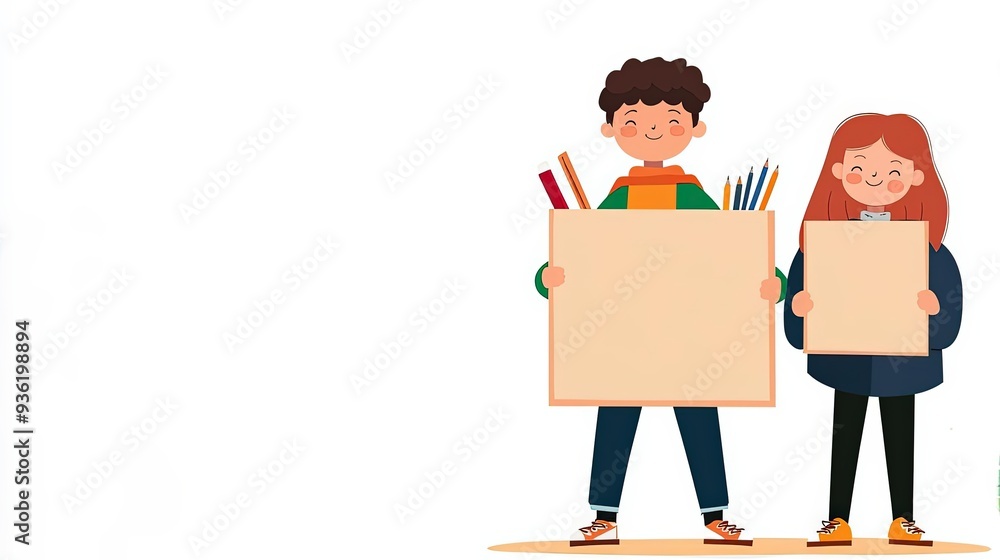 Kids holding signs with positive messages and supplies, back to school motivation, flat design illustration Kids holding signs with positive messages and supplies, back to school motivation, flat design illustration