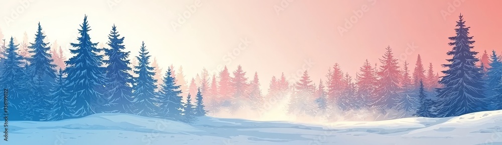 Fototapeta premium The snow is shining and the forest is green under the sun in this winter forest landscape between a white snowy pine tree and a soft green background.