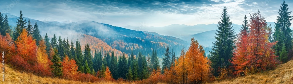 Naklejka premium Autumn forest with bright colors, mountains in the background