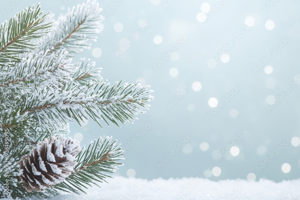Copy space with falling snow on pine tree branches in winter Copy space with falling snow on pine tree branches in winter