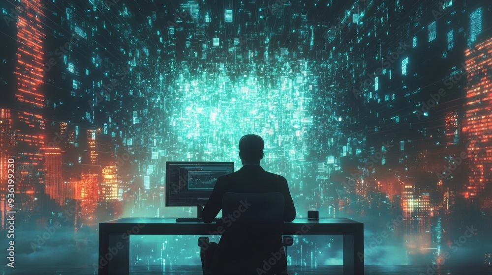 A man controls data flows at a computer, information is visualized around him by AI. A man controls data flows at a computer, information is visualized around him by AI.