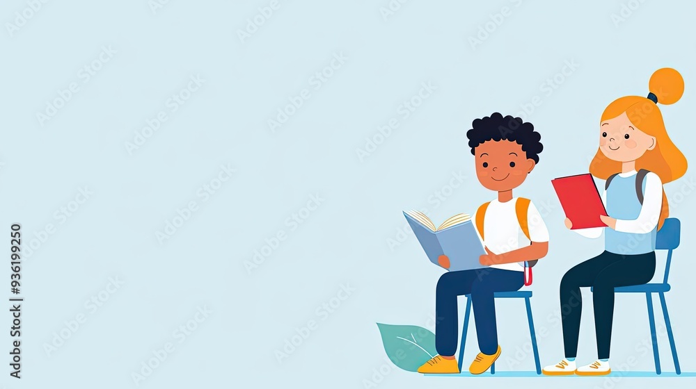 Children helping each other with studies, motivational teamwork, back to school vibe, flat design illustration Children helping each other with studies, motivational teamwork, back to school vibe, flat design illustration