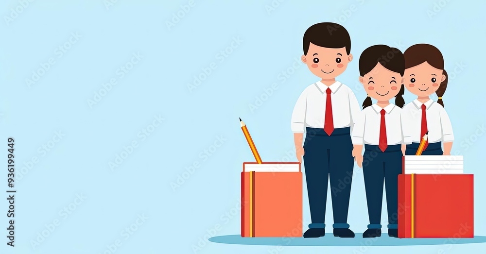 Obraz premium Classroom scene, kids in uniform with pencils and notebooks, flat design illustration