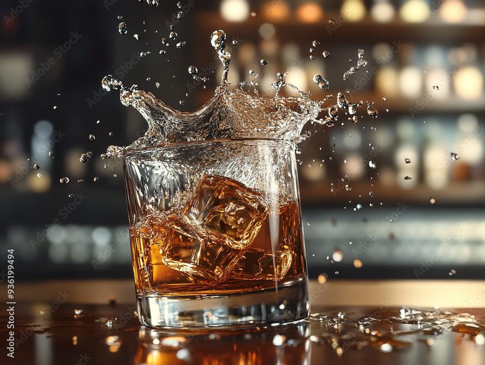Splash in a glass of whiskey with ice cubes on a blurred background. Splash in a glass of whiskey with ice cubes on a blurred background.