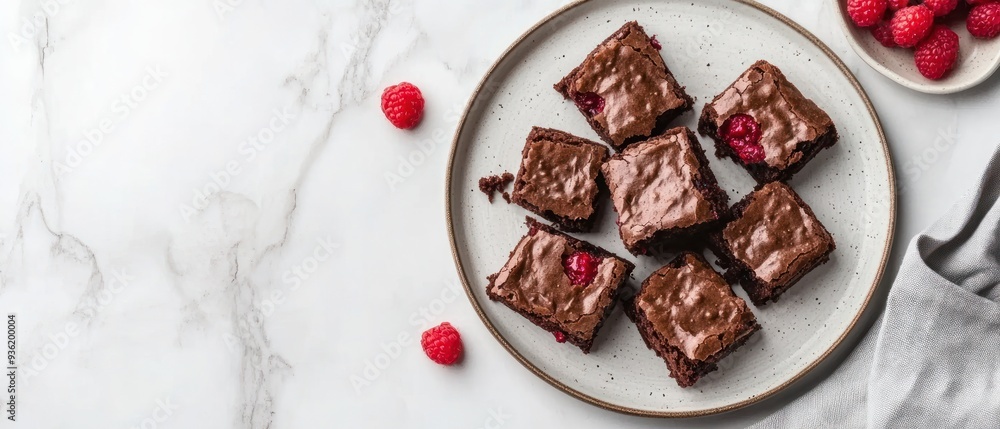 Chocolate Brownies with Raspberry Filling on a White Marble Background Chocolate Brownies with Raspberry Filling on a White Marble Background
