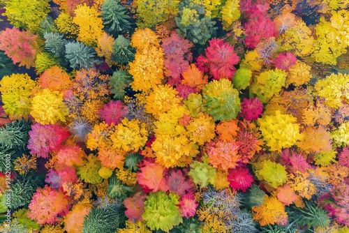 Colorful trees in autumn forest seen from an aerial drone.