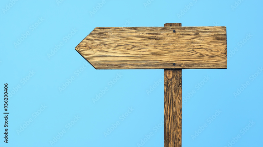 Wooden arrow sign pointing to the left with blue sky background Wooden arrow sign pointing to the left with blue sky background