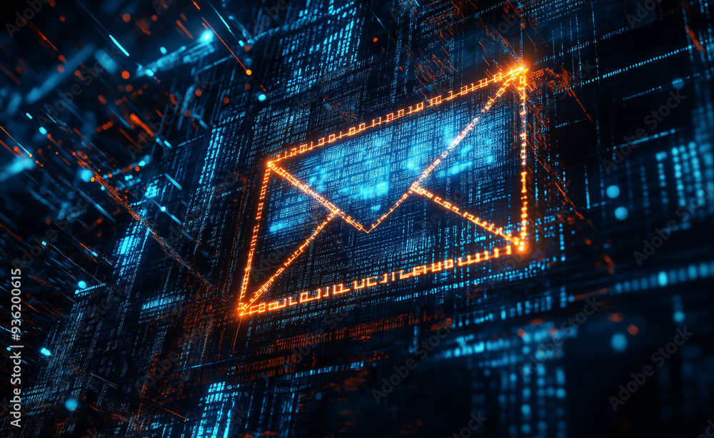 Glowing digital icon of an envelope representing email, surrounded by a matrix of blue and orange data streams, symbolizing modern communication and information exchange. Glowing digital icon of an envelope representing email, surrounded by a matrix of blue and orange data streams, symbolizing modern communication and information exchange.
