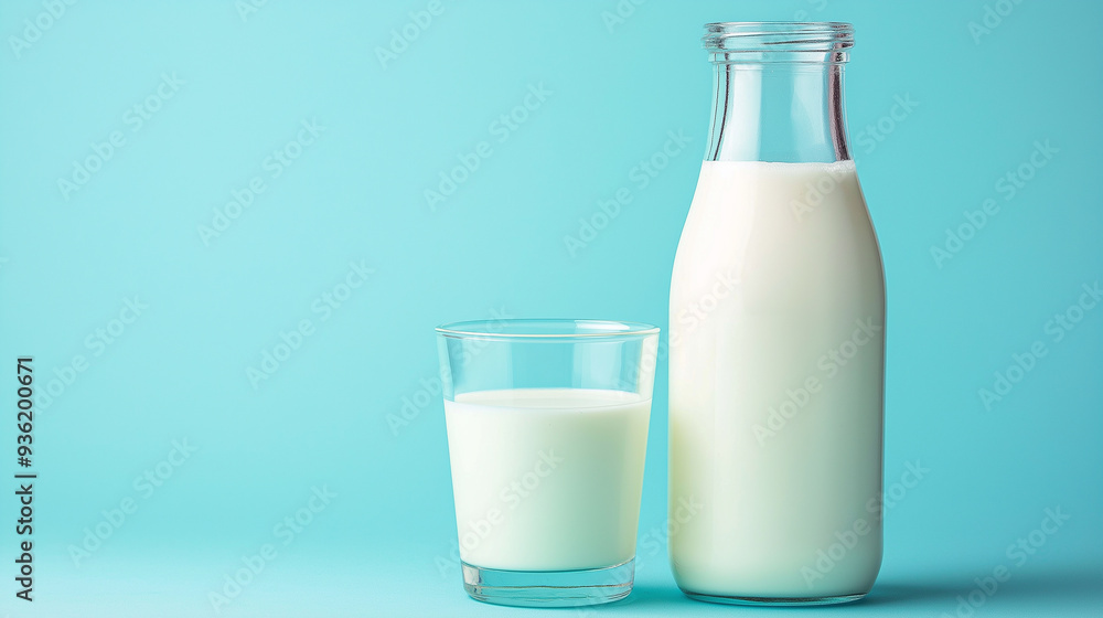 Glass and bottle full of milk standing on a blue background Glass and bottle full of milk standing on a blue background