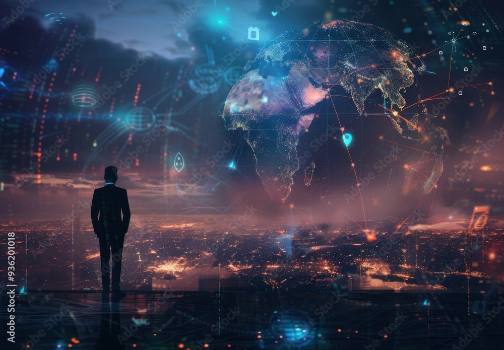 Obraz premium Businessman standing in front of a glowing digital Earth with network connections and icons on a city background, a concept for global business technology or social connection Generative AI