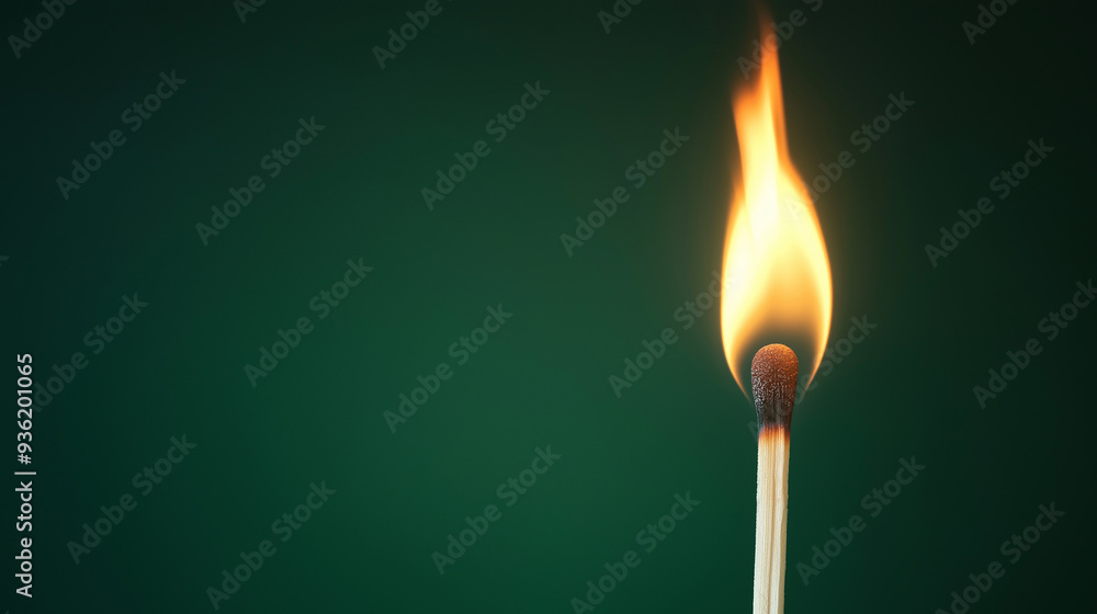 Single match burning on dark green background Single match burning on dark green background