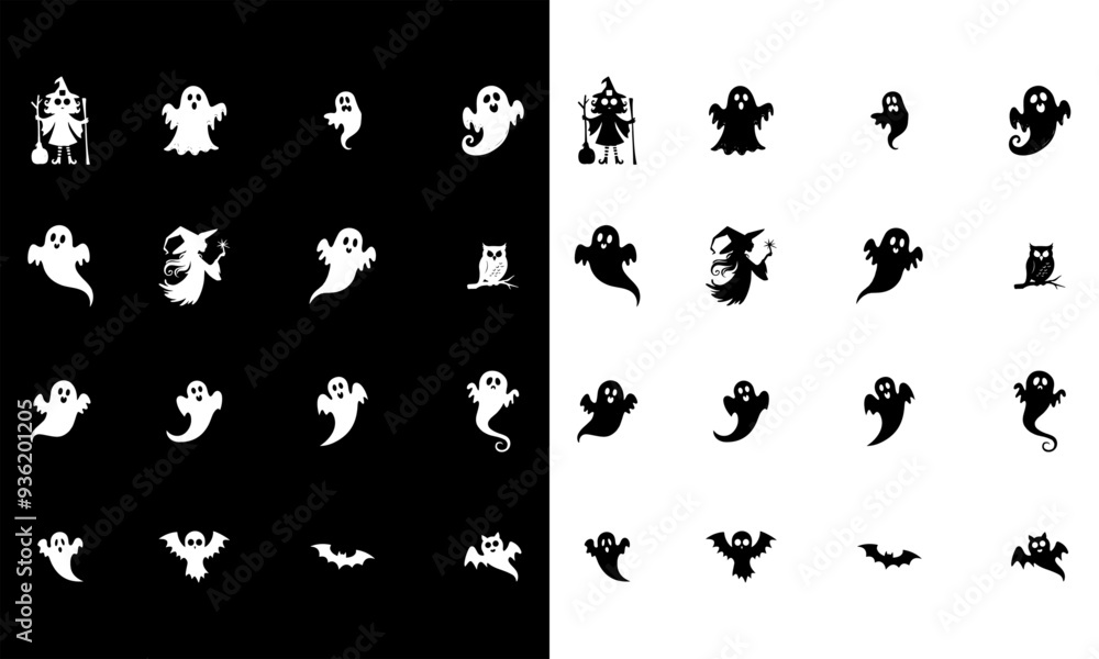 Fototapeta premium Set of halloween silhouettes black and white icon and character, vector illustration, Isolated on white background..ai