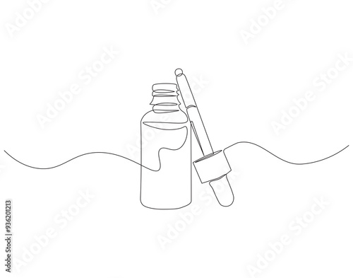 Continuous one line drawing of cosmetic serum bottle. One line drawing illustration of serum dropper bottle. International beauty day, Skincare concept line art. Editable outline