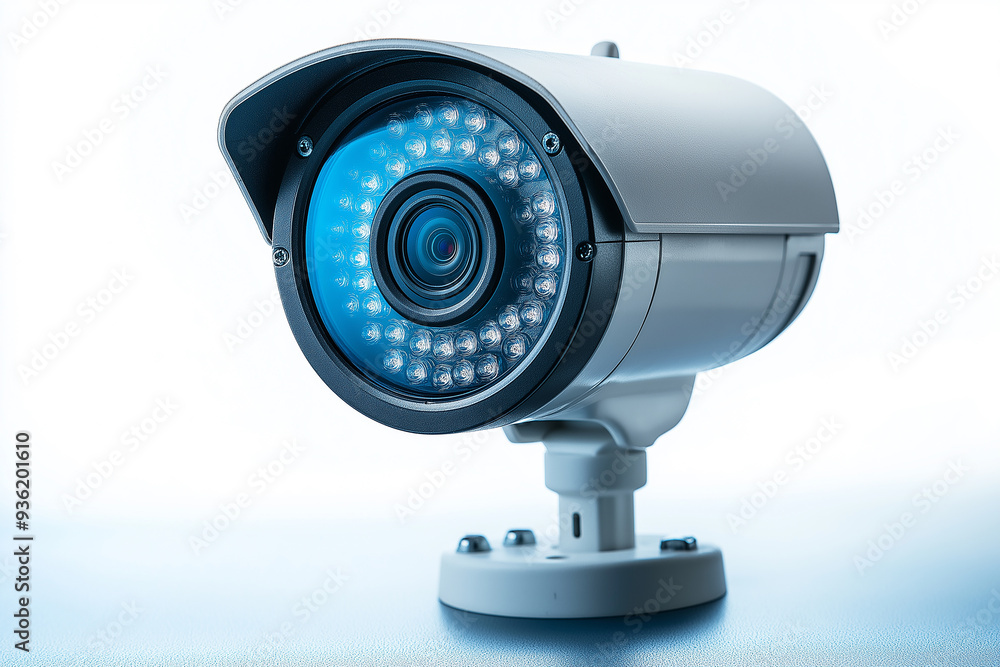 Modern security camera sitting on blue surface and guarding Modern security camera sitting on blue surface and guarding
