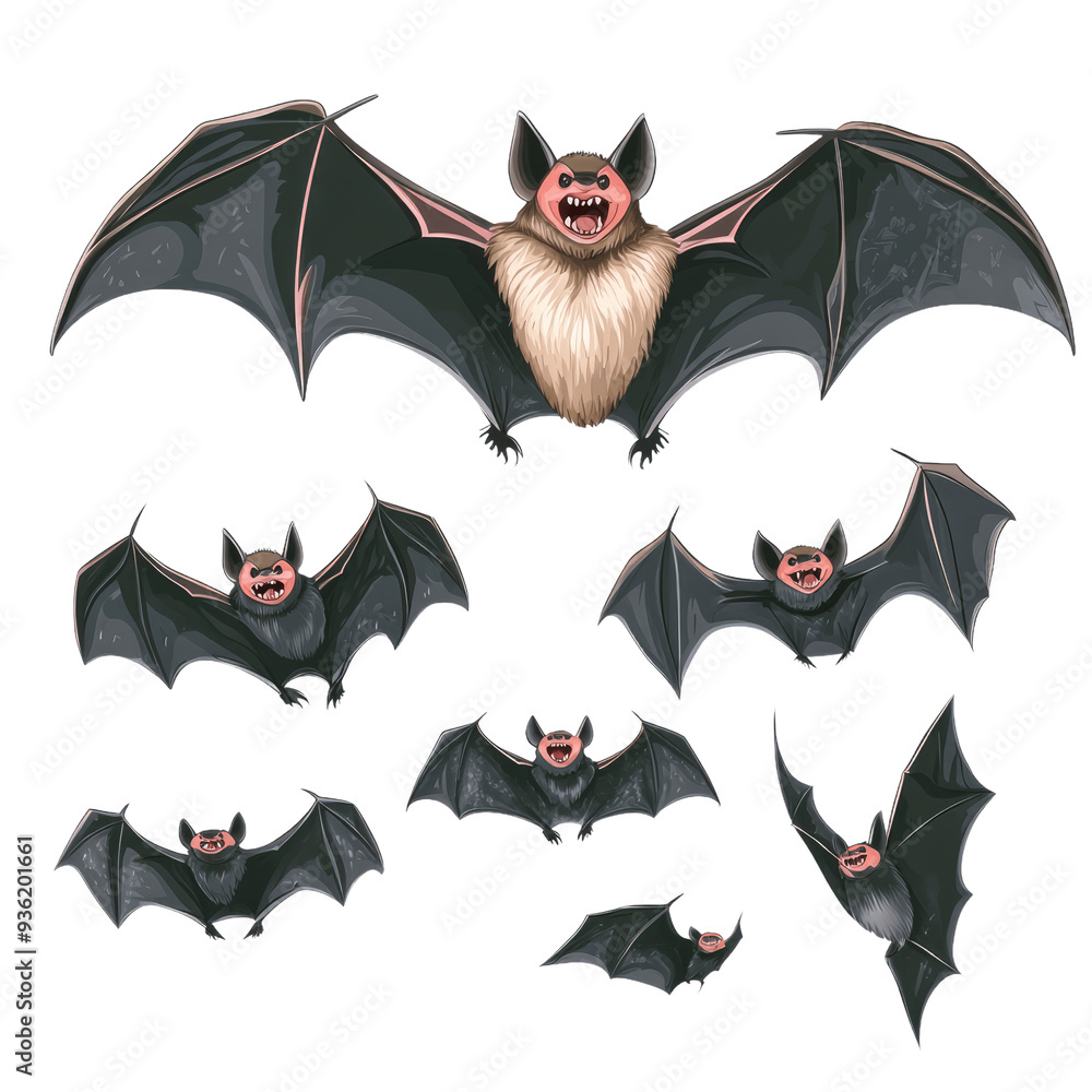 Fototapeta premium Set of flying bats isolated on transparent background