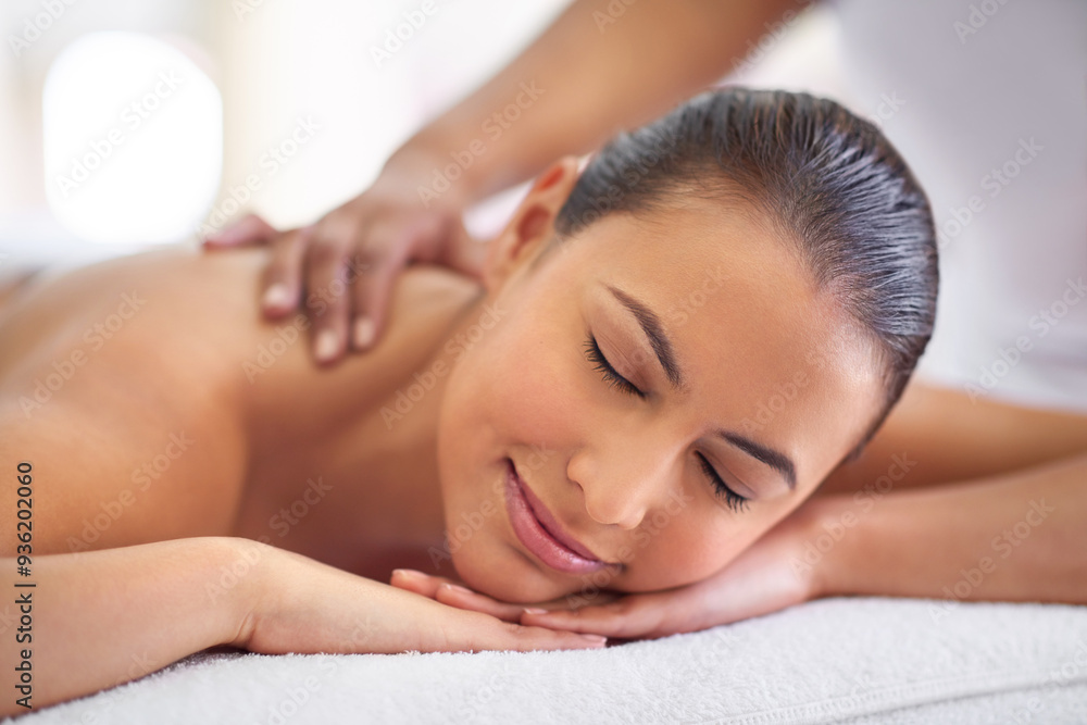 Woman, client or hands in back massage for resting, body circulation treatment or wellness. Masseuse, recovery or break for soothing muscle therapy, holistic healing and detox service at beauty spa Woman, client or hands in back massage for resting, body circulation treatment or wellness. Masseuse, recovery or break for soothing muscle therapy, holistic healing and detox service at beauty spa