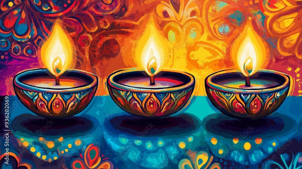 Colorful Diwali banner featuring traditional lamps and copy space in a vibrant naive art style celebrating the Hindu festival of lights Colorful Diwali banner featuring traditional lamps and copy space in a vibrant naive art style celebrating the Hindu festival of lights