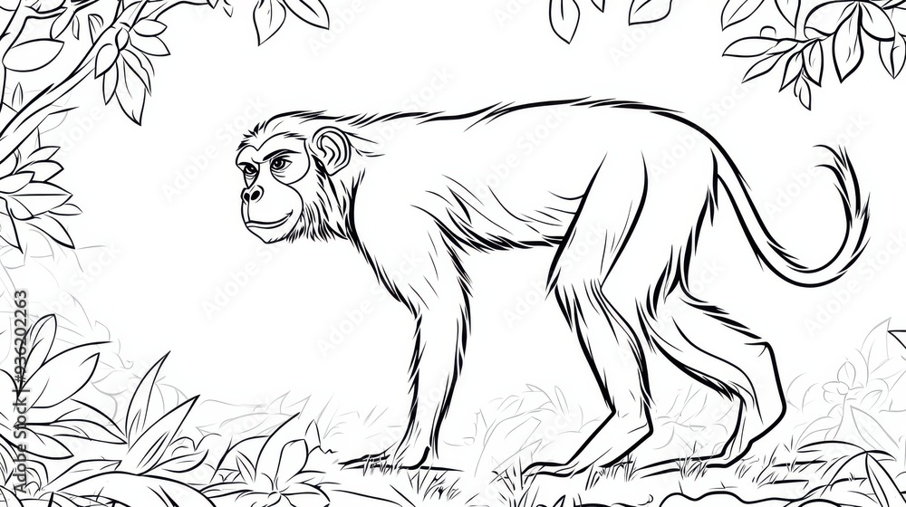 Fototapeta premium Outline illustration of a black and white monkey for drawing and coloring on white background
