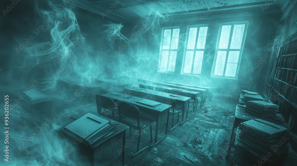Abandoned Classroom in Fog. Abandoned Classroom in Fog.