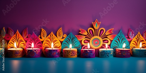 Vibrant Diwali paper art banner adorned with colorful diyas creating a festive atmosphere for celebration photo