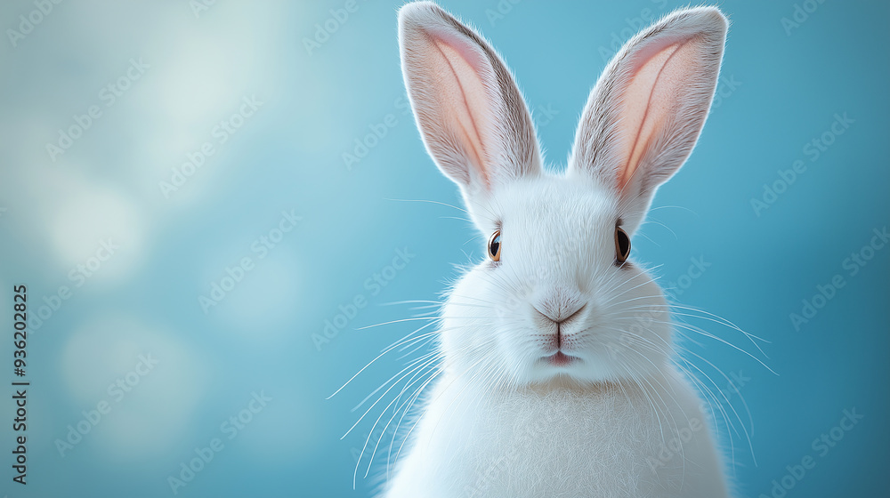 White rabbit posing on a blue background with copy space White rabbit posing on a blue background with copy space