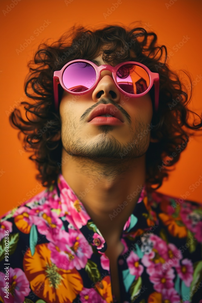 handsome man wearing pink sunglasses and a colorful floral shirt, with bright lips, wavy hair, and a vibrant orange background handsome man wearing pink sunglasses and a colorful floral shirt, with bright lips, wavy hair, and a vibrant orange background