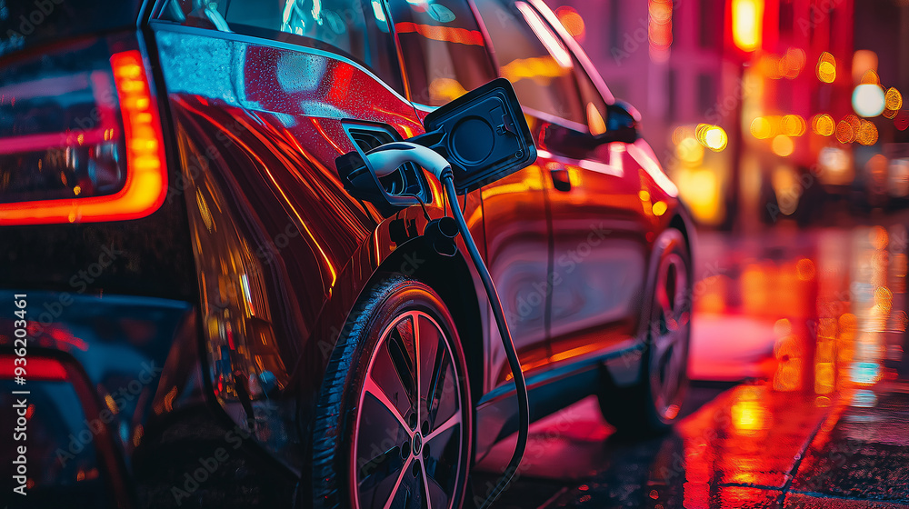 Electric car charging at night in a modern city with neon lights reflecting on its body Electric car charging at night in a modern city with neon lights reflecting on its body