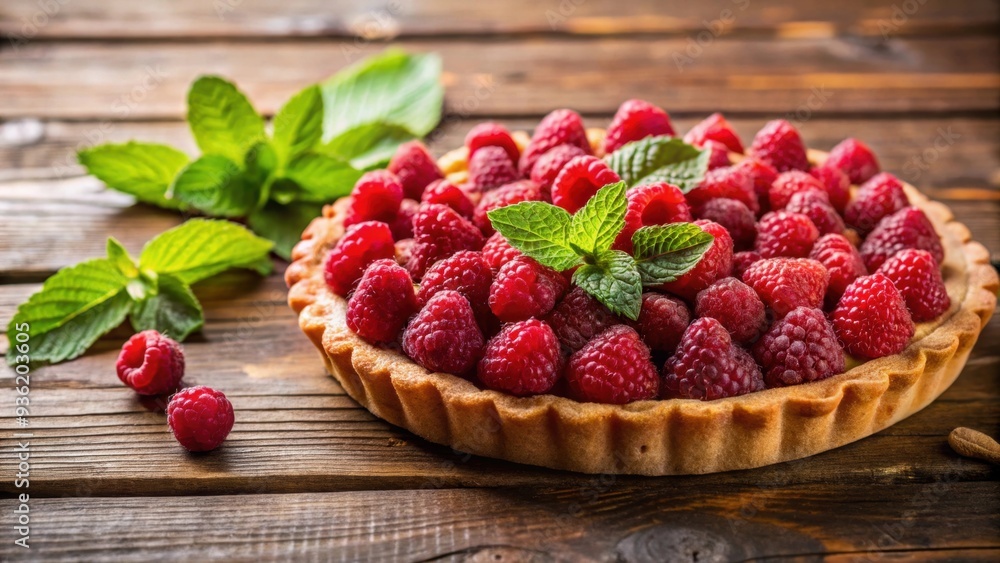Fresh raspberry tart with mint garnish on rustic wooden table, raspberry, tart, mint, garnish, rustic, wooden, table, dessert Fresh raspberry tart with mint garnish on rustic wooden table, raspberry, tart, mint, garnish, rustic, wooden, table, dessert
