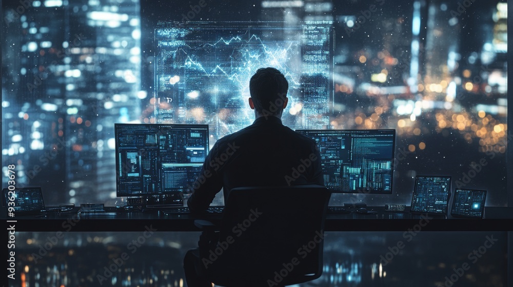 A man on a powerful PC controls data streams projected around him with the help of AI. A man on a powerful PC controls data streams projected around him with the help of AI.
