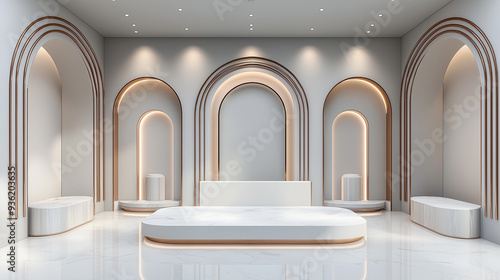 White marble pedestal podium stage with luxury golden arch for product presentation