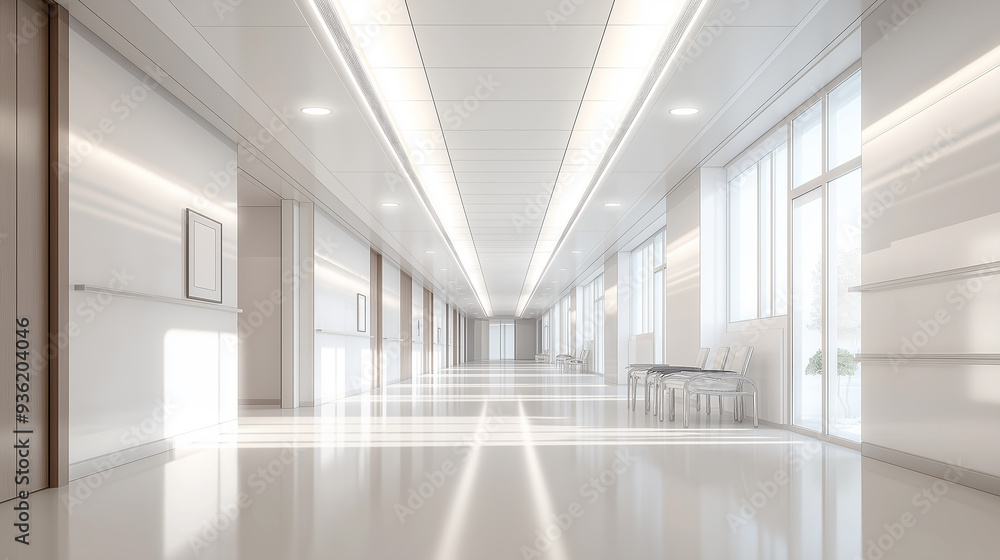 Sunlight illuminating empty hospital corridor with waiting chairs Sunlight illuminating empty hospital corridor with waiting chairs