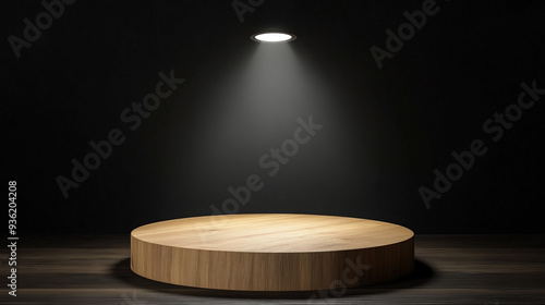 Empty round wooden podium spotlighted from above on stage