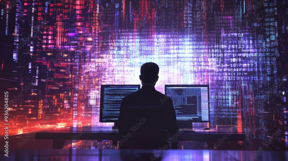 Projections of data on the computer screen in front of the man. Projections of data on the computer screen in front of the man.