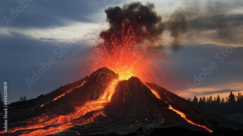 Ein Vulkanausbrauch mit Roter Lava und Schwarzer Rauchwolke photo