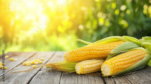 Fresh corn on the cob is sitting on a wooden table in a field photo