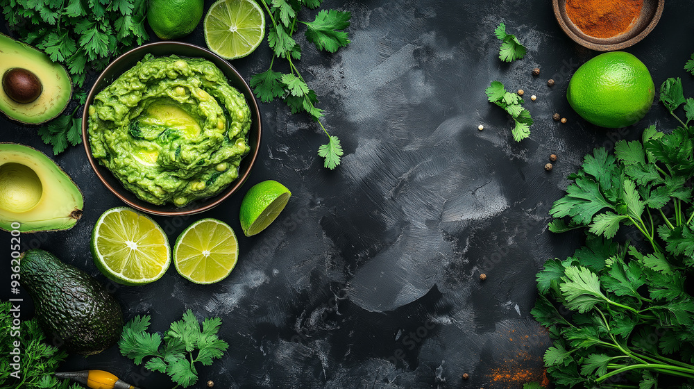 Fresh homemade guacamole surrounded by its ingredients on dark background Fresh homemade guacamole surrounded by its ingredients on dark background