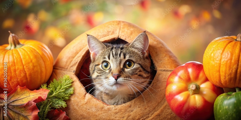 Cat head peeking out from hole in bread, pumpkin, watermelon and vegetables with colorful background, Cat, head, peek Cat head peeking out from hole in bread, pumpkin, watermelon and vegetables with colorful background, Cat, head, peek