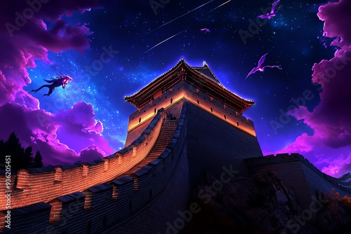 A majestic ancient Chinese tower stands tall against a vibrant, starry sky. Dragons soar through the clouds, creating a mystical and magical scene. photo