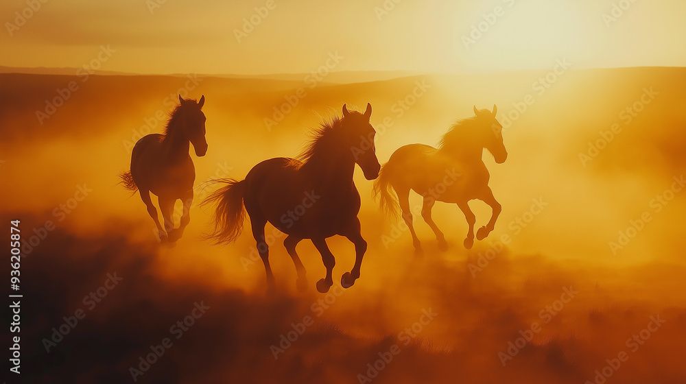Three horses running in desert dust at golden sunset Three horses running in desert dust at golden sunset