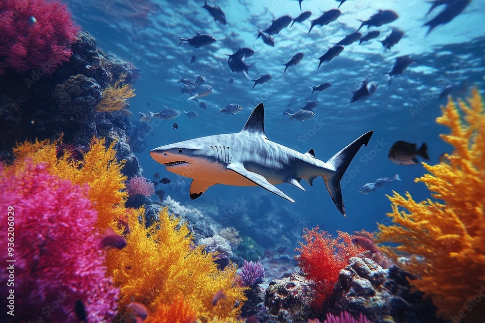 Fototapeta premium A lone shark swims through a vibrant coral reef, with a school of fish above.
