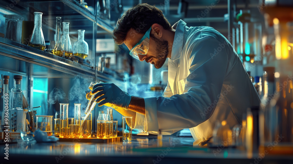 A chemical engineer wearing a lab coat, conducting an experiment with glassware in a lab A chemical engineer wearing a lab coat, conducting an experiment with glassware in a lab