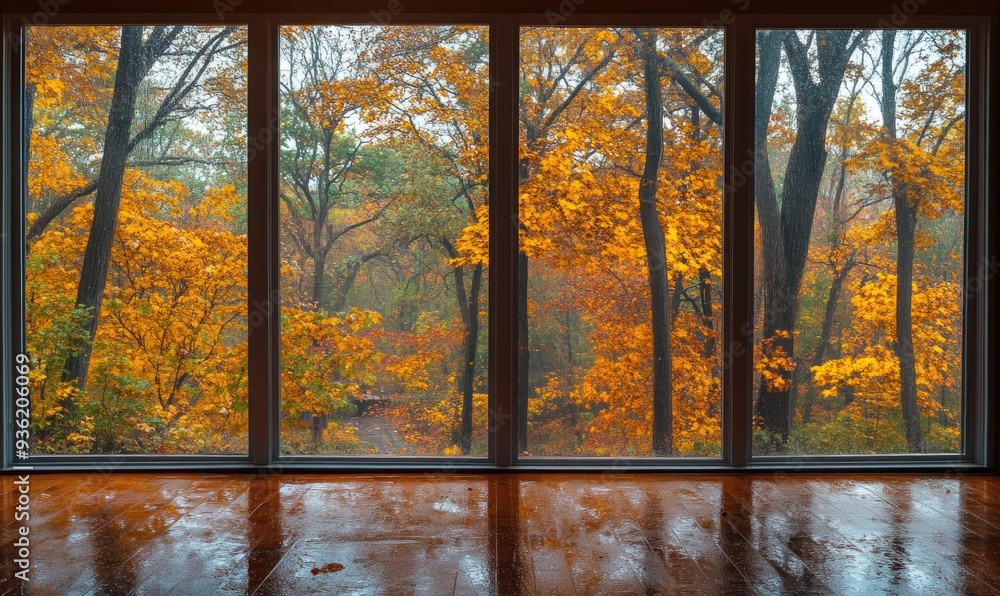 View from the large window on misty autumn landscape View from the large window on misty autumn landscape