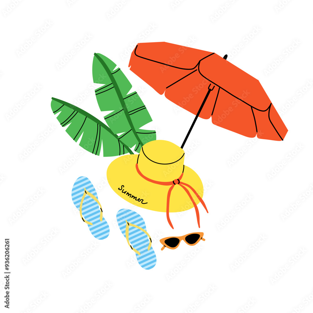 Summer beach. Umbrella, hat and sunglasses. Flip flops and tropical ...
