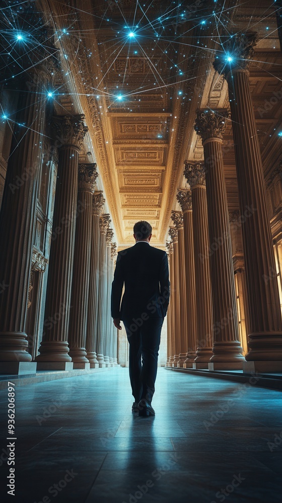 A man in formal attire walking through a grand hallway with digital network overlays, symbolizing business and technology integration. A man in formal attire walking through a grand hallway with digital network overlays, symbolizing business and technology integration.
