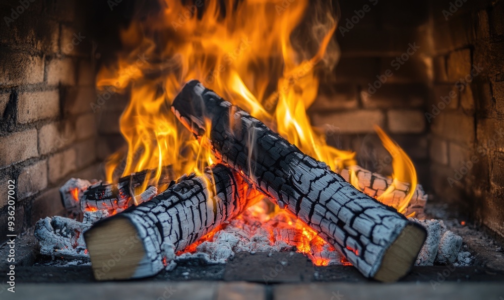 Fototapeta premium Close-up of fire burning in a brick fireplace, bright embers
