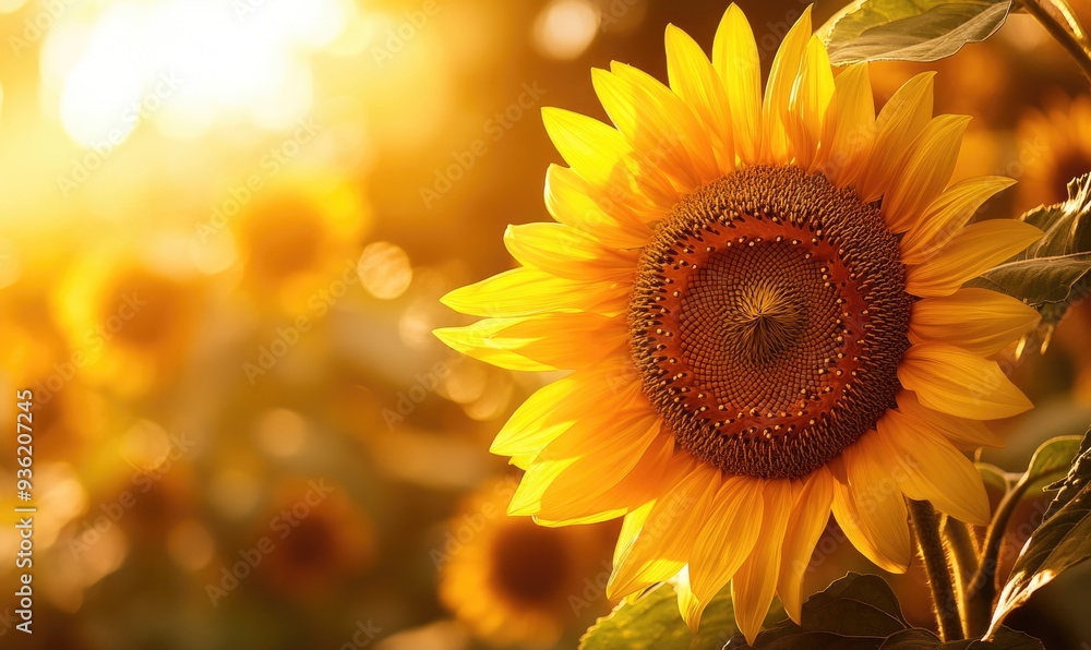 Naklejka premium Close-up of sunflower against sunset, warm glow, detailed petals