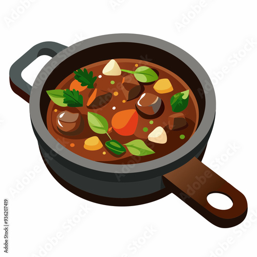 Beef bourguignon in a pan vector illustration