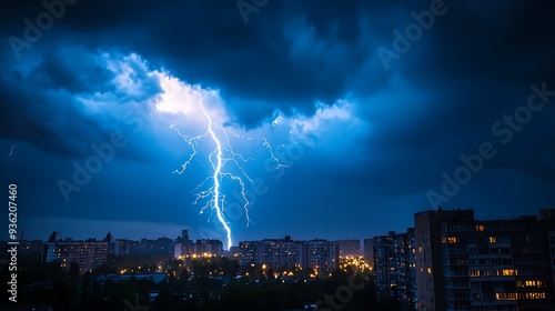 Intense lightning strike lighting up a cityscape at night, capturing a striking display.