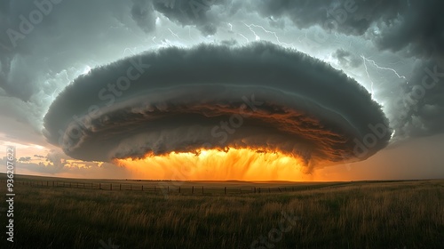 Dramatic storm clouds over a grassy field with lightning, highlighting nature�s fury.