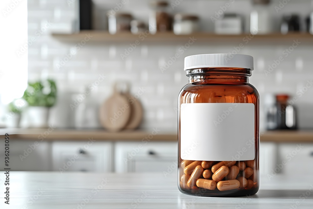 The image shows a bottle of multivitamins with a blank label set against a kitchen background. The setting gives a homey and relatable feel